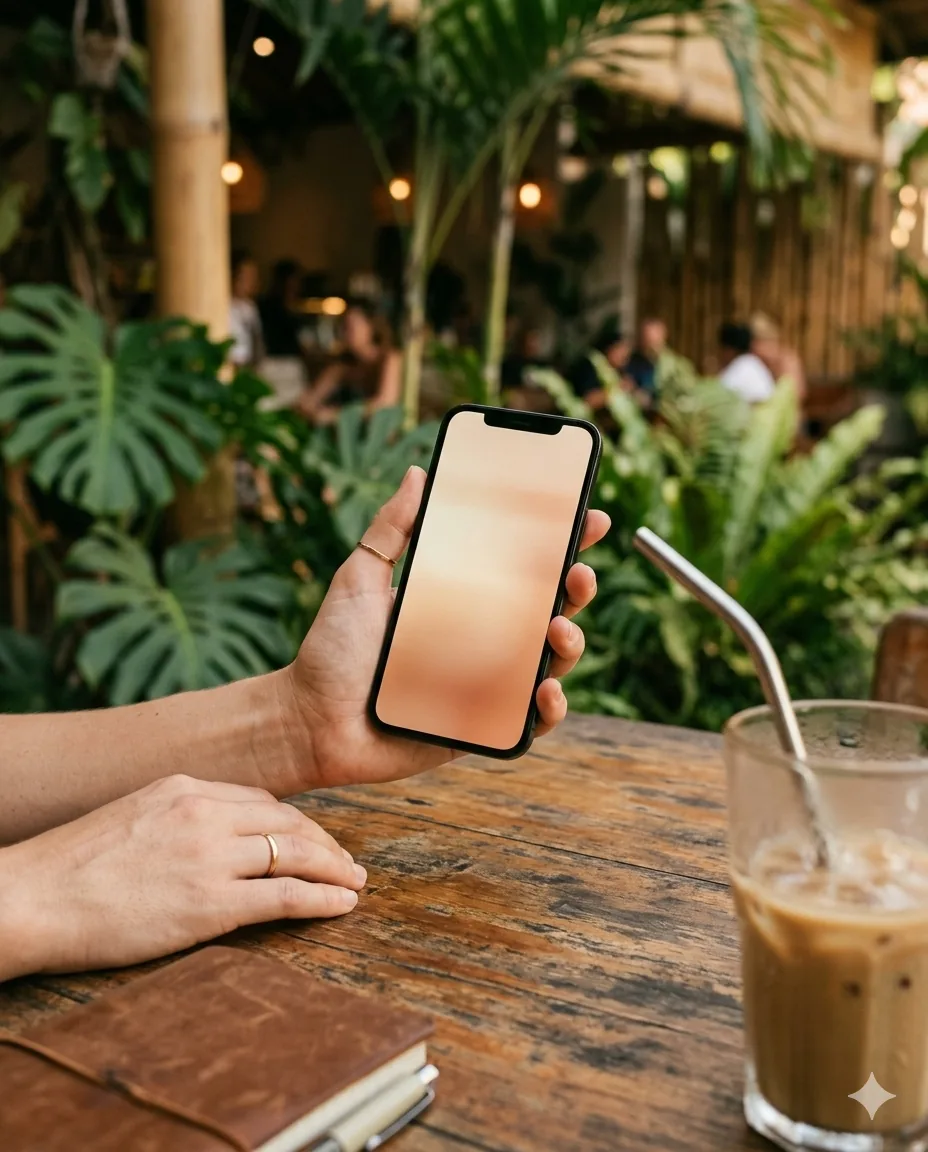 A hand holding a phone in a café in Bali