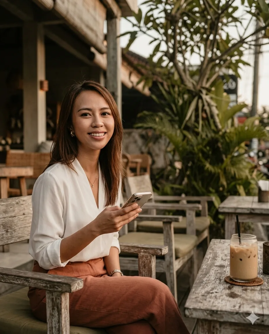 Widya sitting at a café in Bali with a phone and an iced coffee
