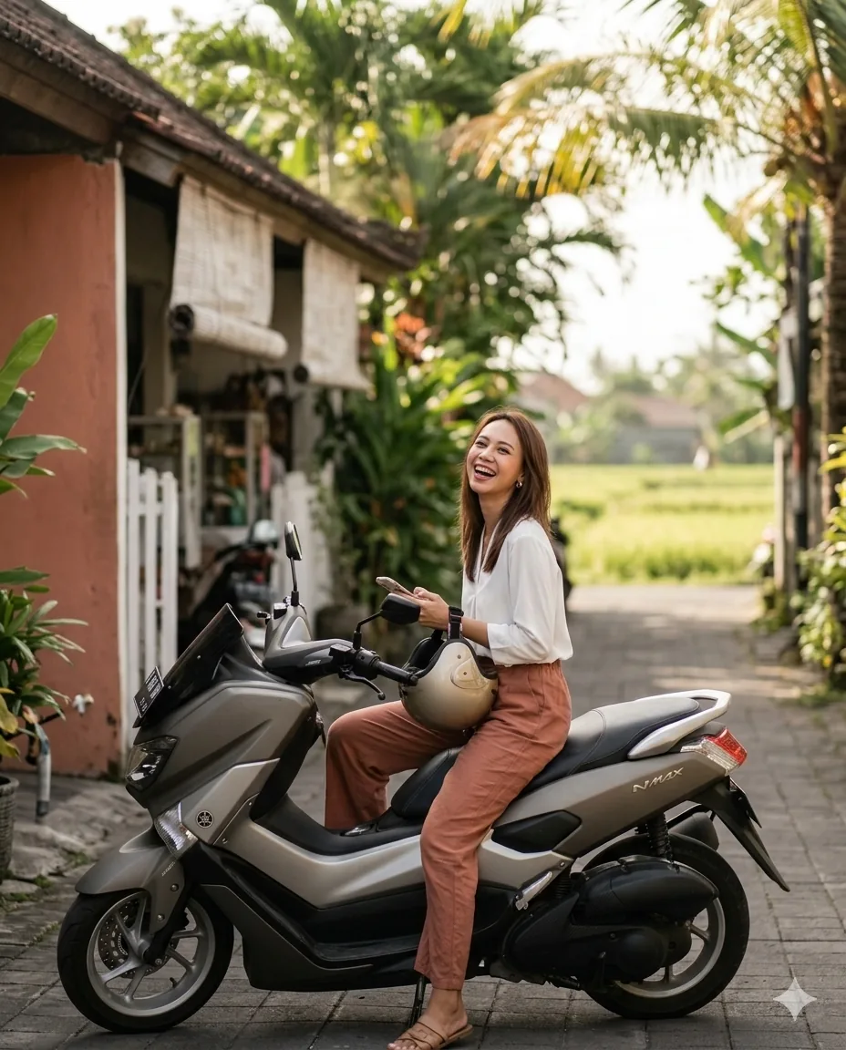Widya laughing while sitting on her scooter on a Bali side street